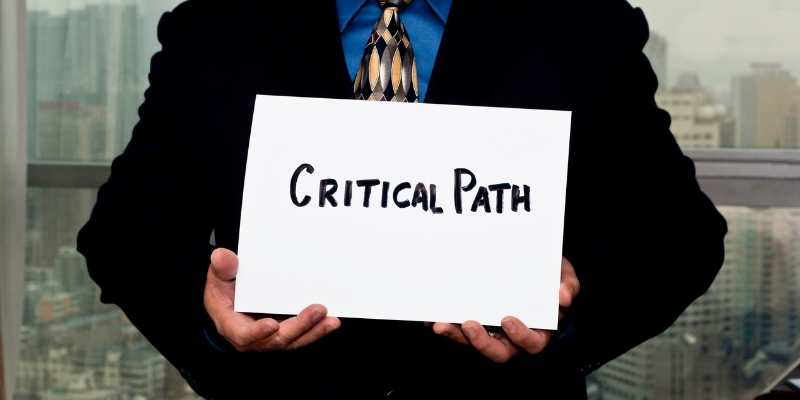 Man in suit and tie holding a sign on which is written "critical path"